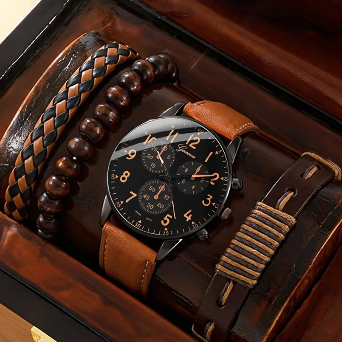 Wholesale Cheap Alloy Fashion Classic Leather GENEVA Calendar Quartz Bracelet and Watches Set for Men