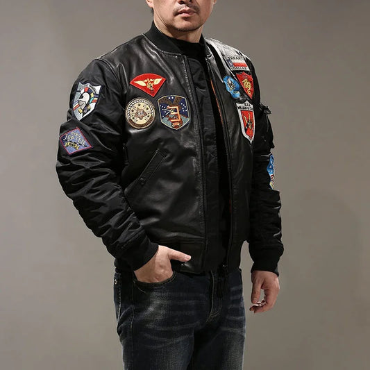 American MA-1 Baseball Cotton Padding Jacket Men's Stand-up Collar Sports Casual Plus Size Embroidered Sheepskin Leather Jackets