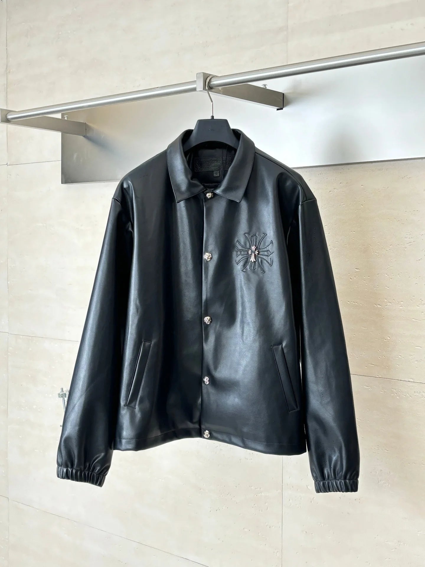 CHHearts 25 New Model Loose Autumn Cross-Collar Synthetic Leather Jacket with Snap Buttons Unisex Casual
