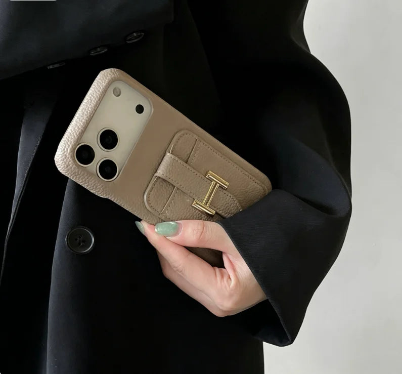 Lychee Grain Luxury Cardholder Phone Case for iphone 17 Pro 13 Pro Embossing Shockproof Durable Fashionable Artificial Leather