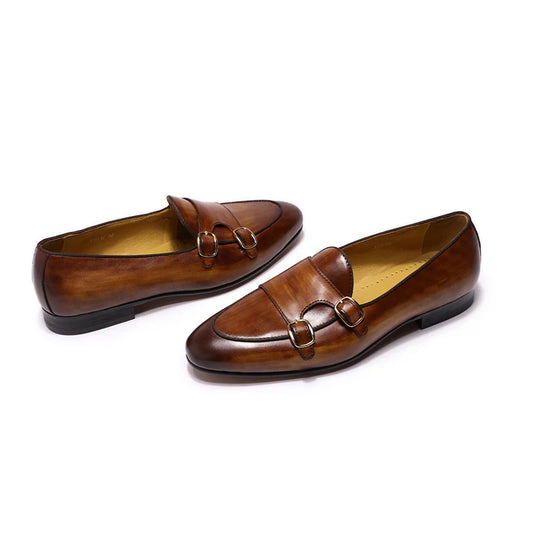 2025 New Genuine Cow Leather Men's Casual Leather Round Toe Slip-On Loafers Handmade Monk Strap Fashion Shoes for Wedding Shoes