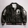 High Quality Embroidered Black White Thick Sheep Skin Capless Coats Tiger Pattern Casual Sport Aviator Men Real Leather Jackets
