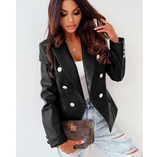 Wholesale Women Fashion PU Leather Jackets Coat Suit Europe Long Sleeve Double-breasted Button Lady Women's Clothes Jacket