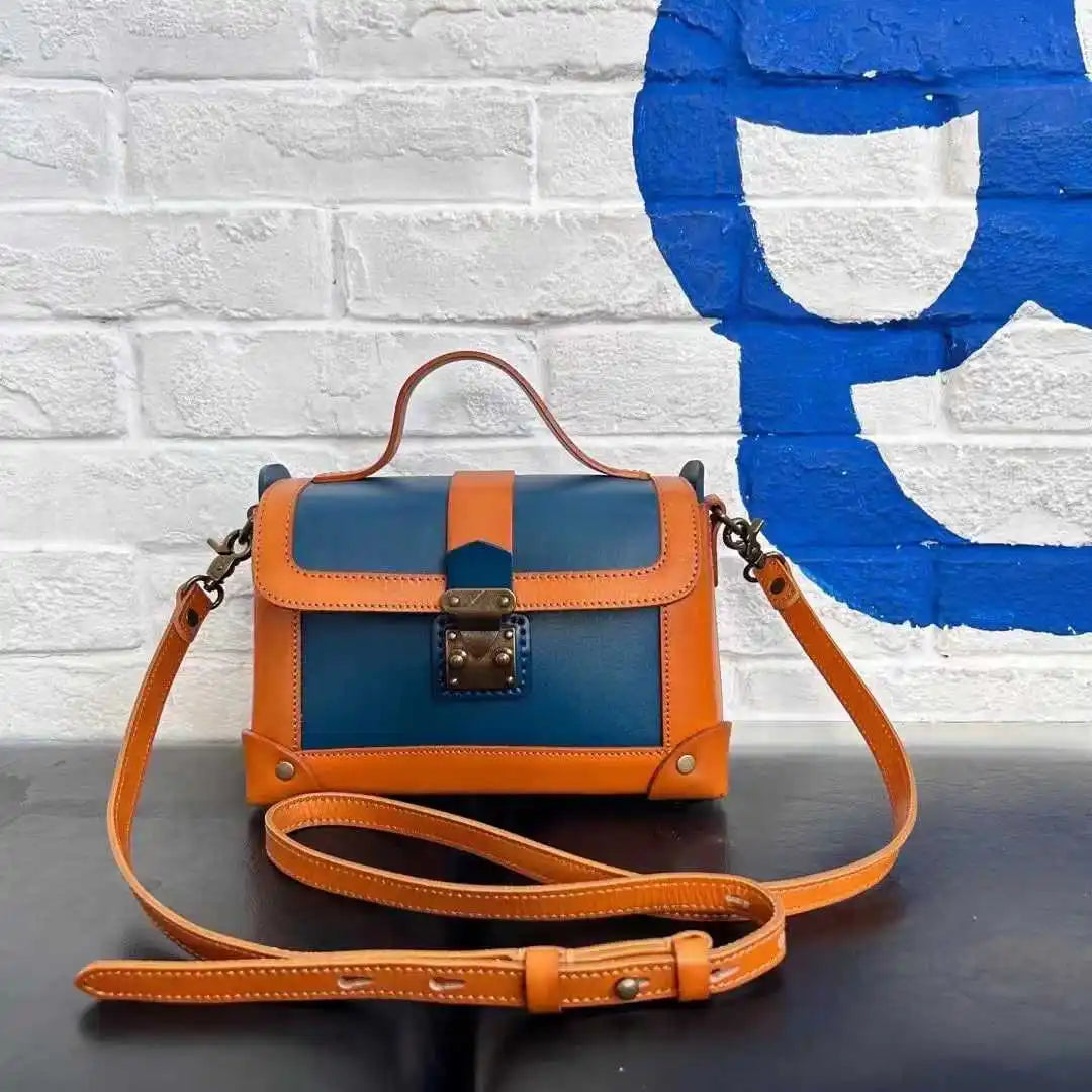 Custom Logo Plant Dyed Full Grain Leather Small Messenger Bag Hard Shell Vintage Purse with Adjustable Strap
