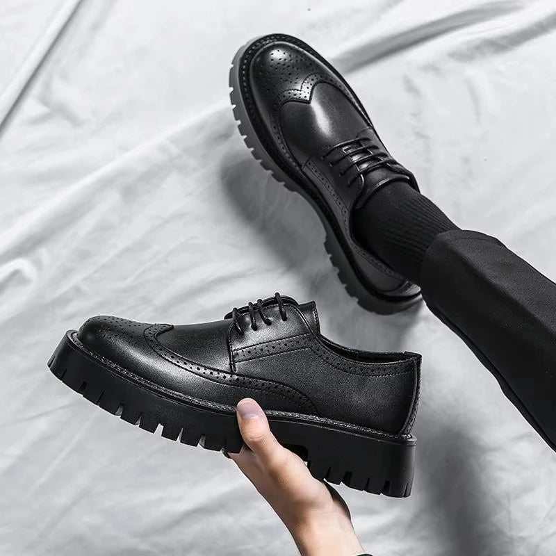 Men's Business Casual Genuine Leather Loafers Thick Soles Height Increasing Outdoor Platform Lace-Up Design Office Dress Winter