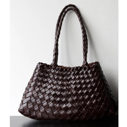 Luxury Tanned Cowhide Genuine Braided Leather Woven Shoulder Bags Large Capacity Soft Hand-woven Women's Bags with Cotton Pouch