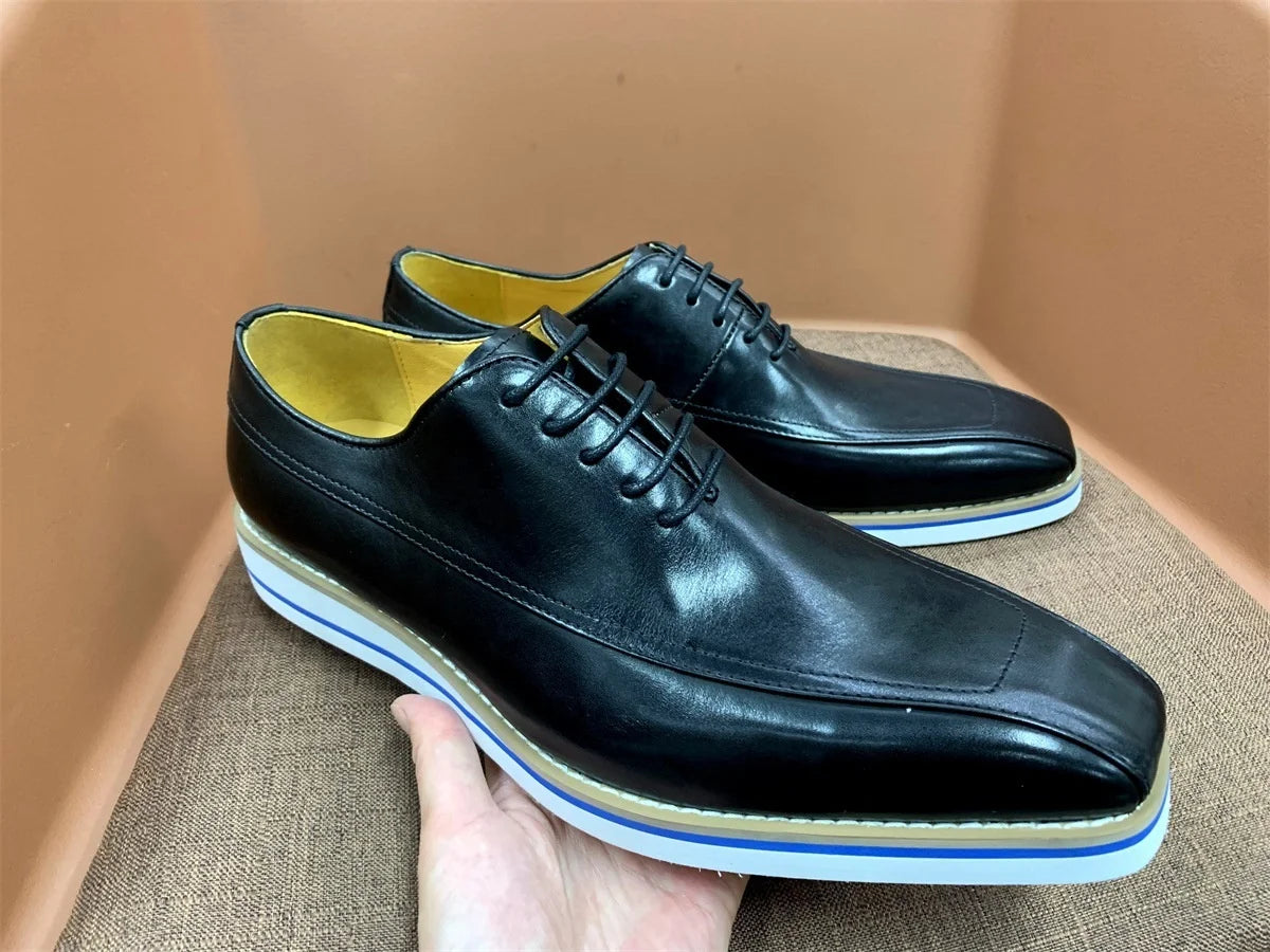 2026 High-End Handmade Men's Genuine Leather Lace-up Flat Dress Oxford Shoes Square Toe Casual Business Daily Use Wedding Spring