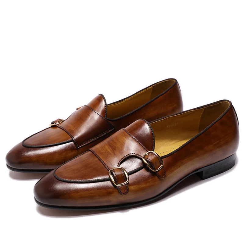 2025 New Genuine Cow Leather Men's Casual Leather Round Toe Slip-On Loafers Handmade Monk Strap Fashion Shoes for Wedding Shoes