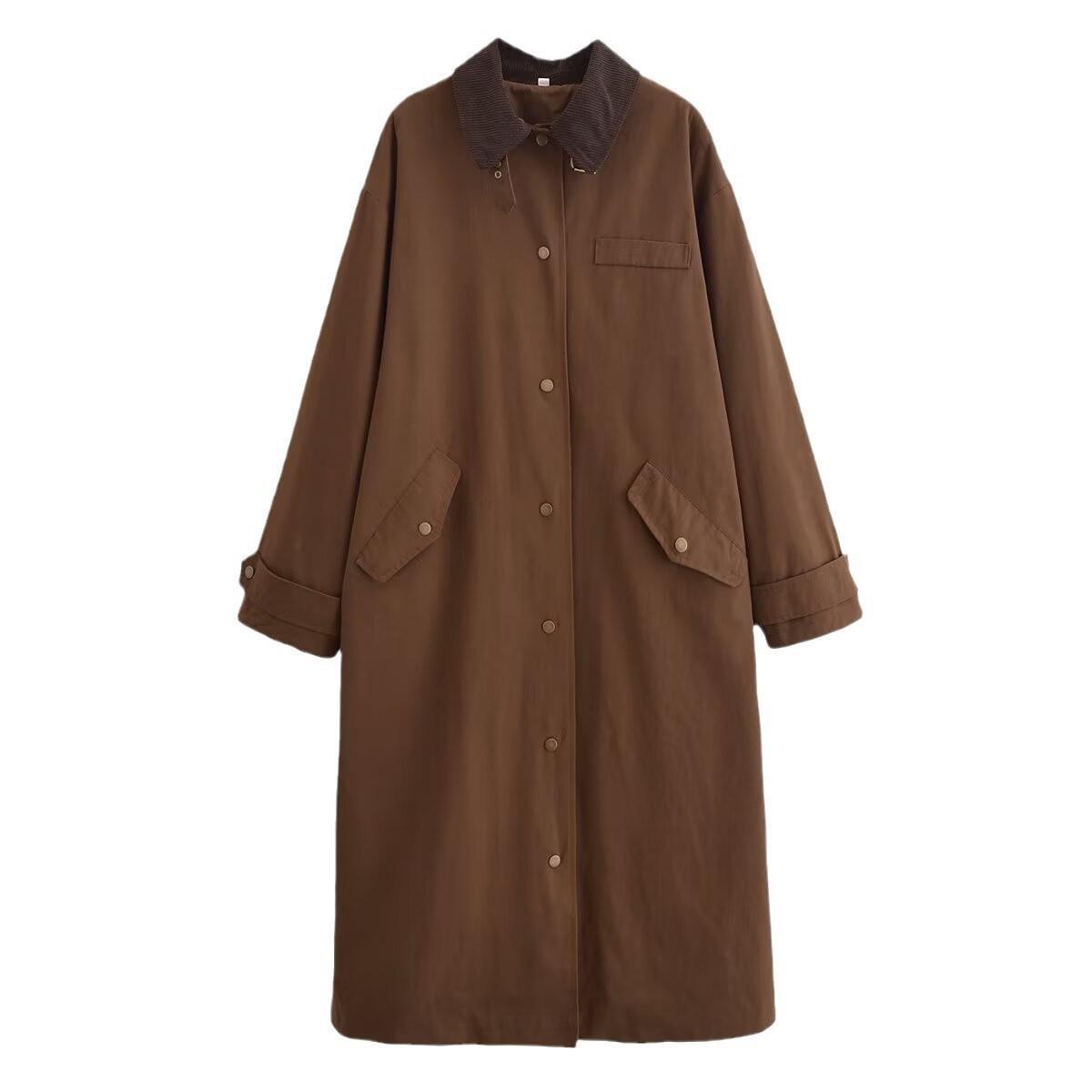 Ready Stock Women's Autumn and Winter New Style Lapel Waxing Effect Loose Casual Long Windbreaker Jacket Blended Long Sleeves