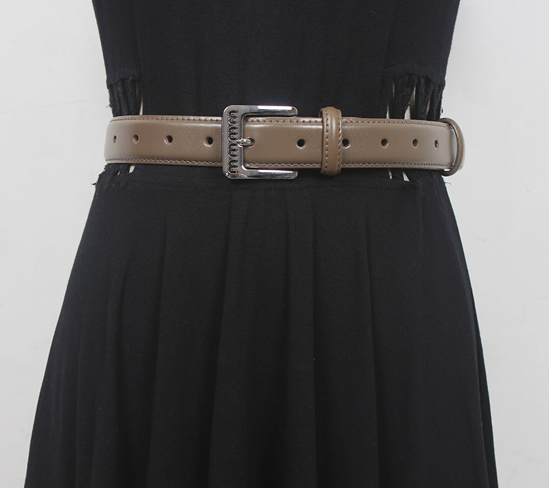 Retro belt for women Spring new silver buckle two-layer cowhide fashionable all-match pants with textured belt