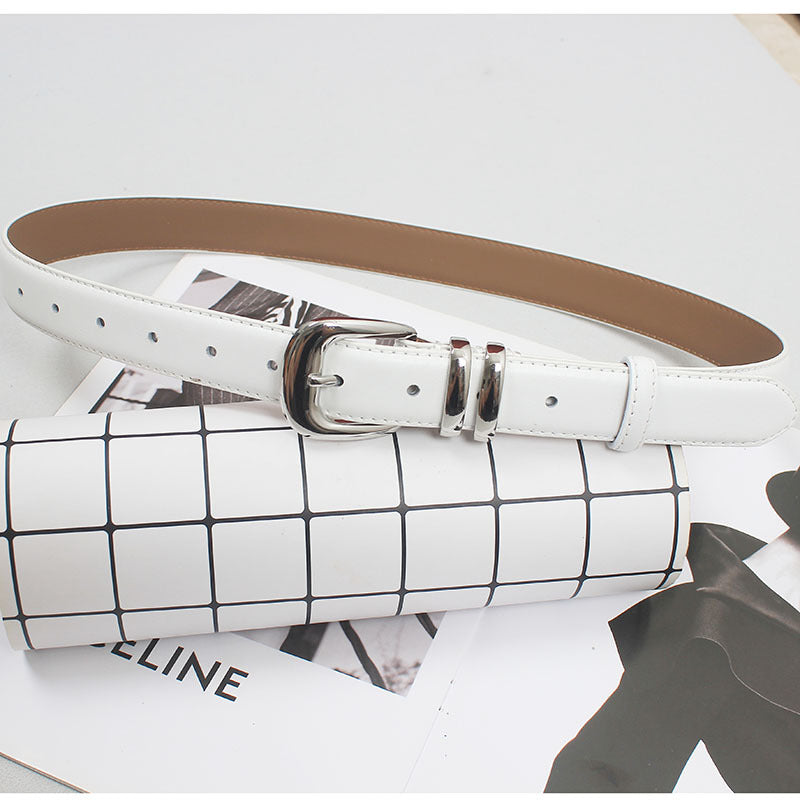New high-grade women's silver buckle belt casual all-match two-layer cowhide belt with jeans casual pants fashion