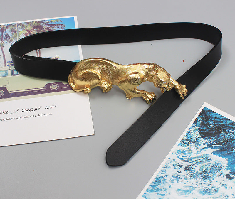 Original design heavy exquisite carved antique leopard delicate domineering top layer leather belt female decoration