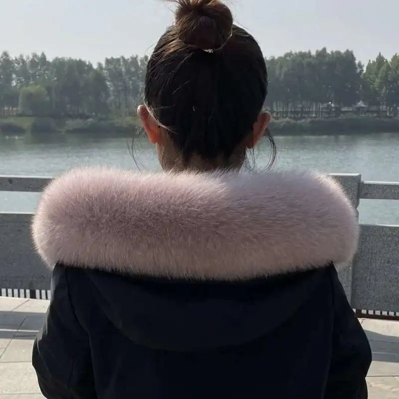 Winter Fox Fur Collar Women Real Fur Shawls Scarf Warm Genuine Leather Grass Down Jacket Cotton-padded Jacket Hood Trims Decor