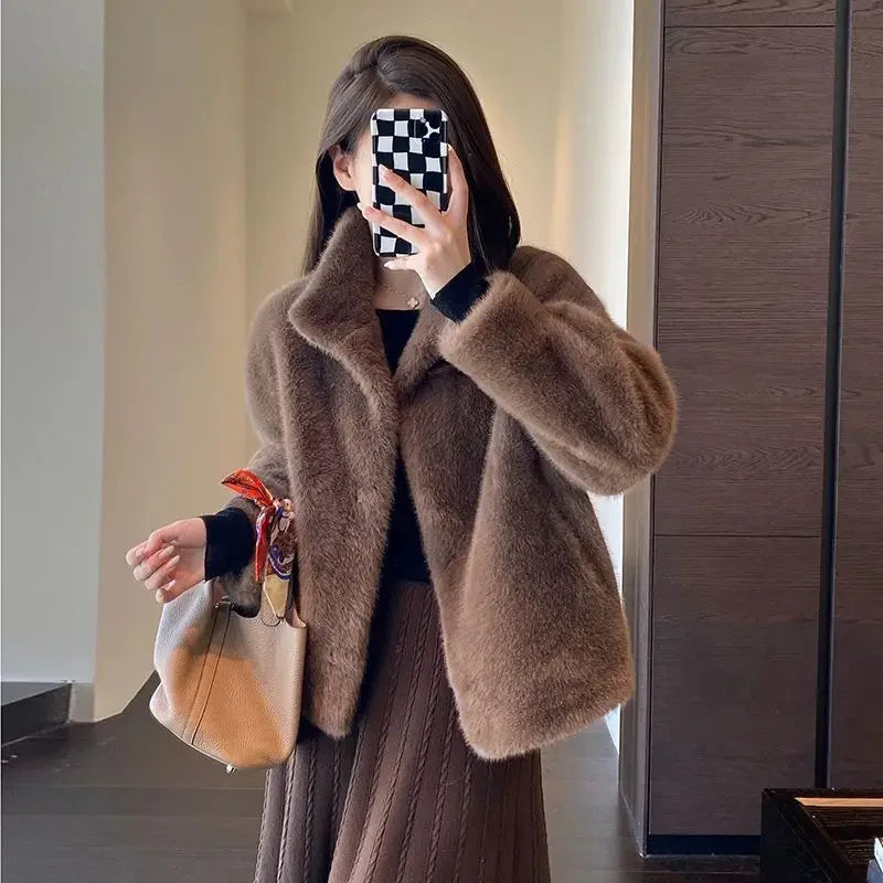 Spring Autumn Lady Short Leather Fur Outwear 2026 Women Fashion Stand Collar Mink Fur Top Female Long Sleeves Fox Jacket