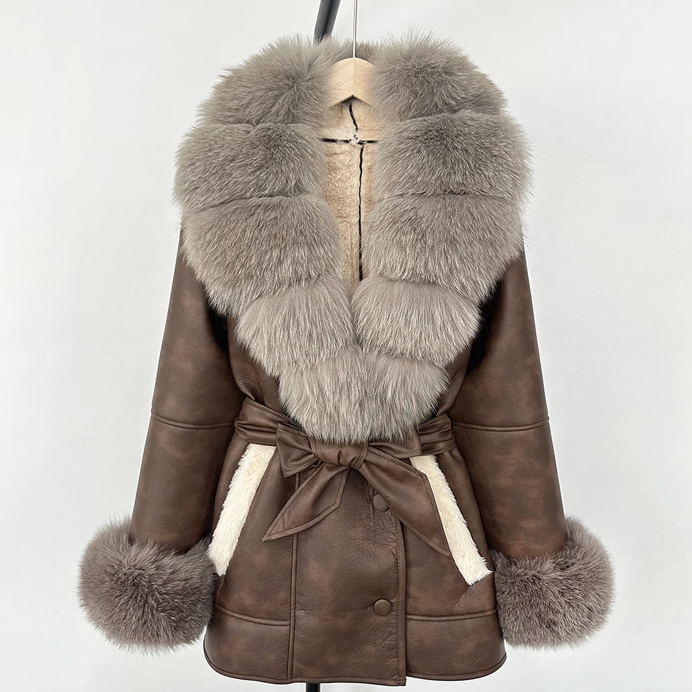 OFTBUY Real Fox Fur Jacket Lamb Fur Ladies 2025 Large Fur Coat Women Faux Leather Jacket New Autumn Winter Warm Outwear Tops