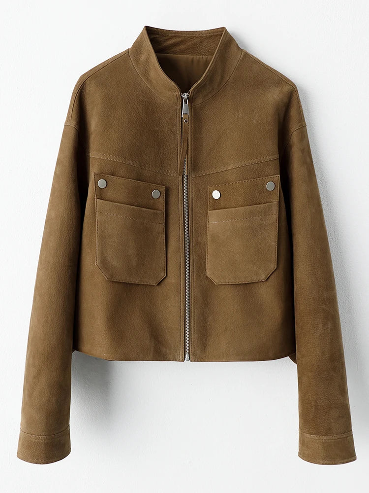Genuine Leather Cropped Jackets for Women Spring Autumn High-end Simple Stand Collar Deer-patterned Real Goatskin Leather Coat