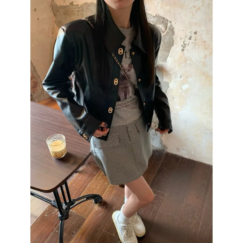 Black Motorcycle Jacket Leather Coat Women's 2025 Retro Fashion Top