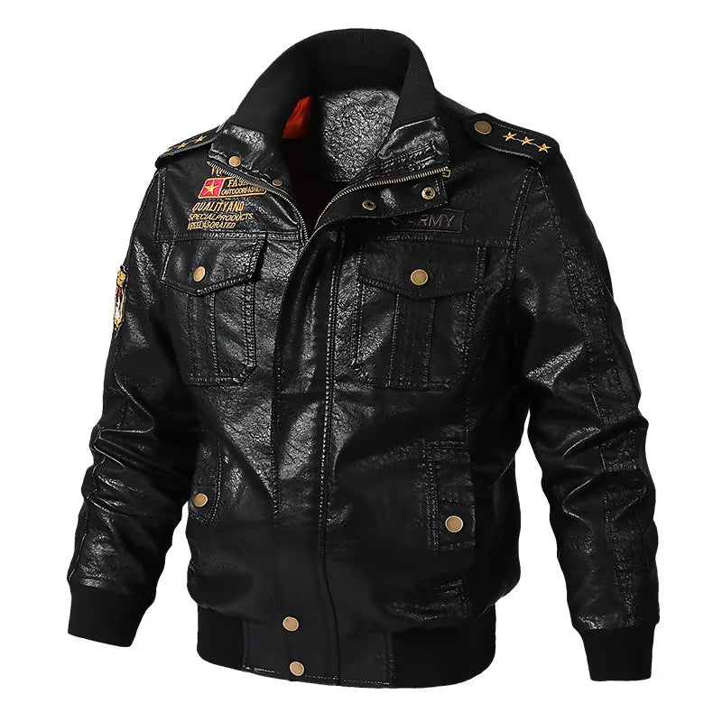 PU Leather Jacket Men Autumn Winter New Fashion Thicken Fleece Motorcycle Windproof Coats Youth Baseball Embroidered Jacket Male