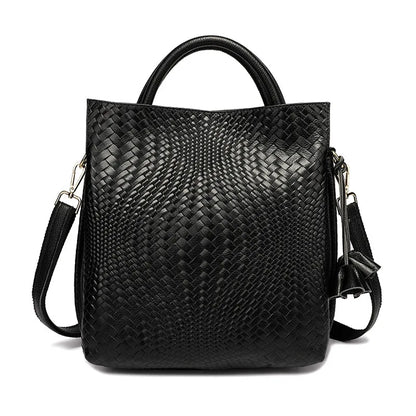 New Woven Texture Genuine Leather Handbag, Large Capacity Elegant Women's Shoulder & Top Handle Bag