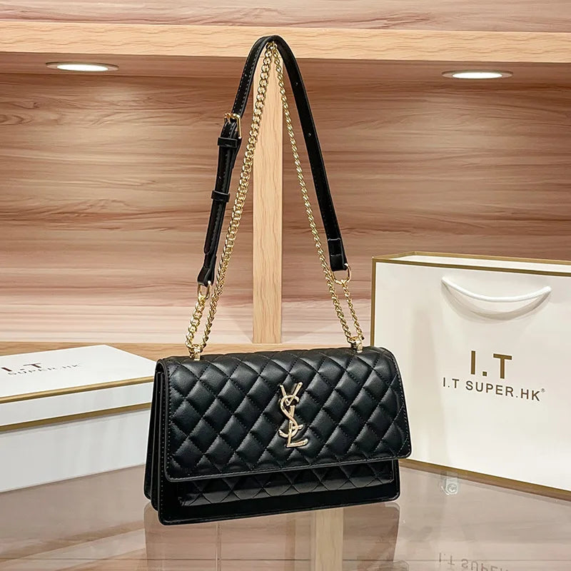 High-End Genuine Leather Women's Crossbody Bag 2025 New Style Quilted Chain Zip Fashionable All-Match Small Square Polyester