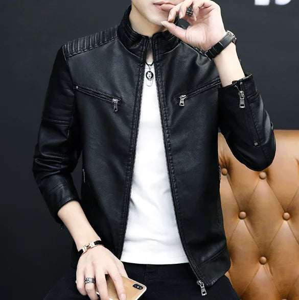 OEM Autumn Winter New Products Men Casual Outwear Stand Collar Faux Leather Motorcycle Jackets Youth Slim PU Coats