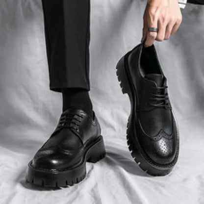 Men's Business Casual Genuine Leather Loafers Thick Soles Height Increasing Outdoor Platform Lace-Up Design Office Dress Winter