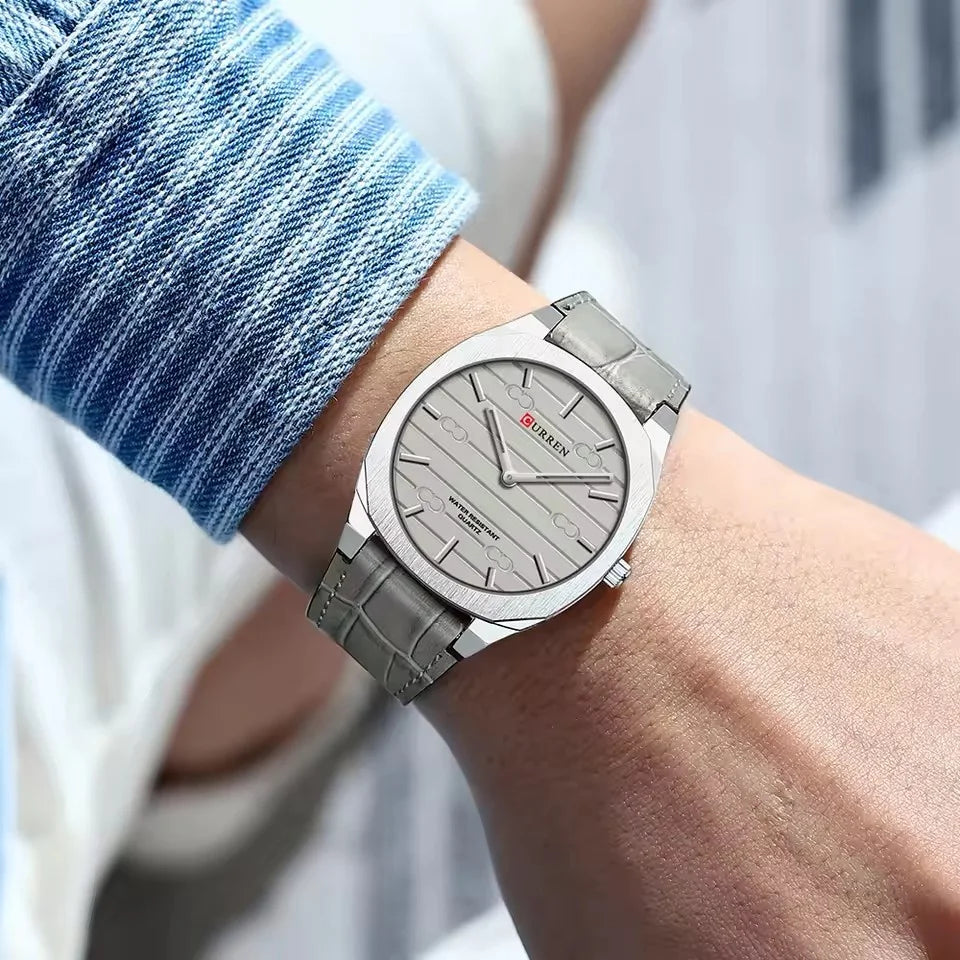 CURREN Men's Minimalist No Seconds Hand Design Quartz Watch, Fashion Slim Lightweight Leather Strap Wristwatches 8480