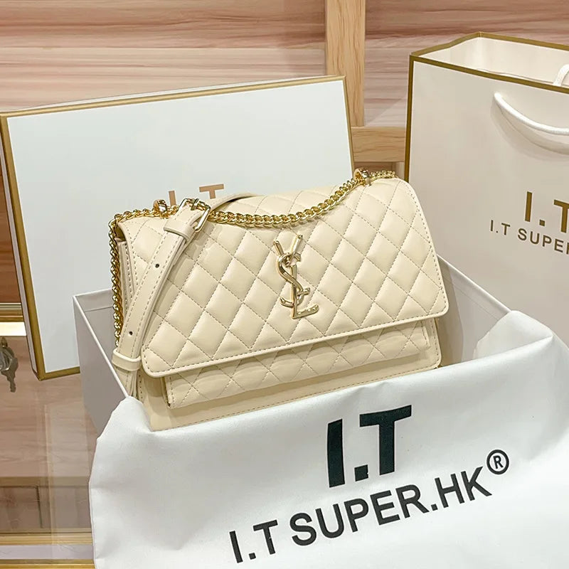 High-End Genuine Leather Women's Crossbody Bag 2025 New Style Quilted Chain Zip Fashionable All-Match Small Square Polyester