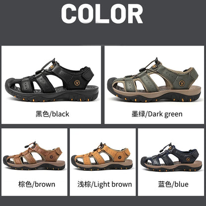 Genuine Leather Upper Extra Size Men's Outdoor Trail Hiking Walking Sandals Summer Sports Beach Shoes for Men