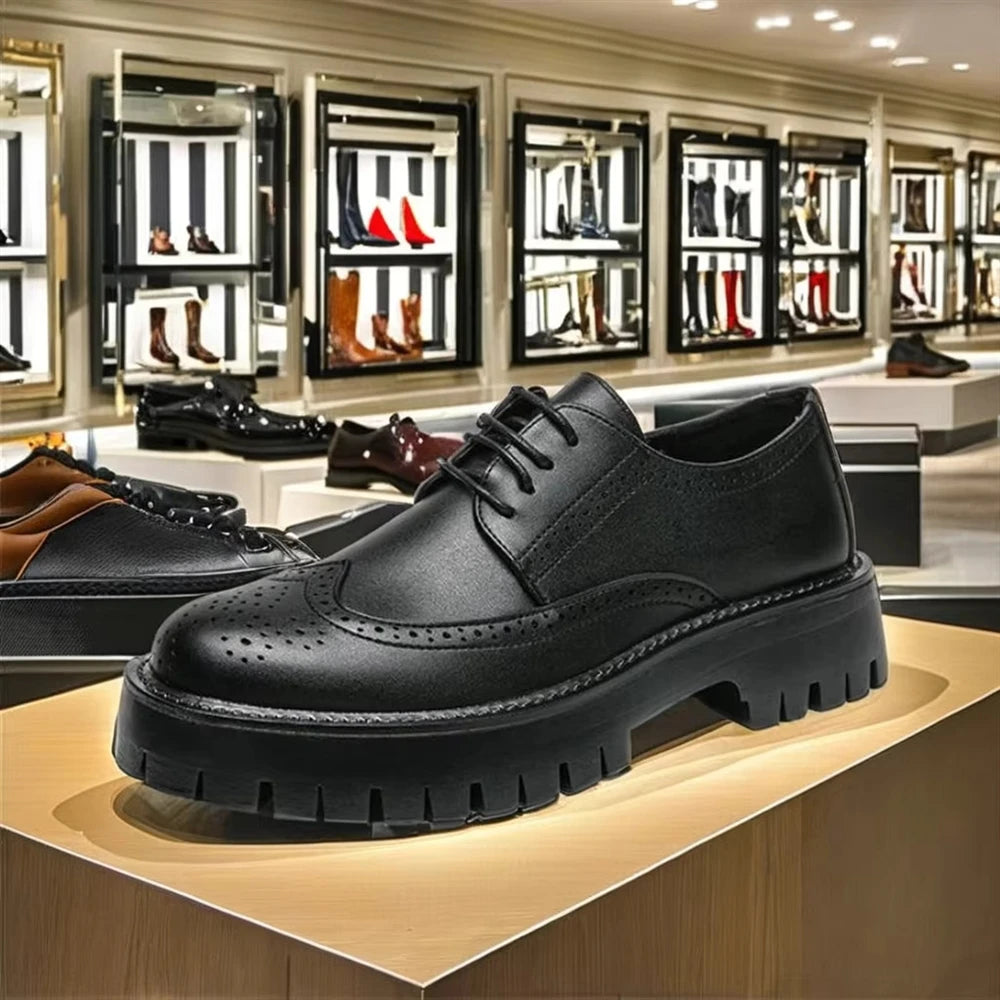 Men's Business Casual Genuine Leather Loafers Thick Soles Height Increasing Outdoor Platform Lace-Up Design Office Dress Winter
