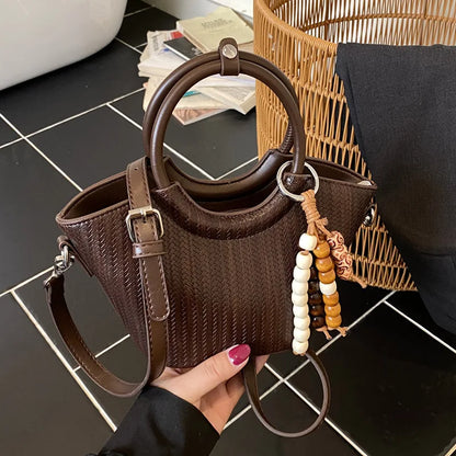 HotSale Small Satchel Bag Bead Charm Accent Vintage Hardware Detachable Strap PU Leather Date Night Elegant Handbag