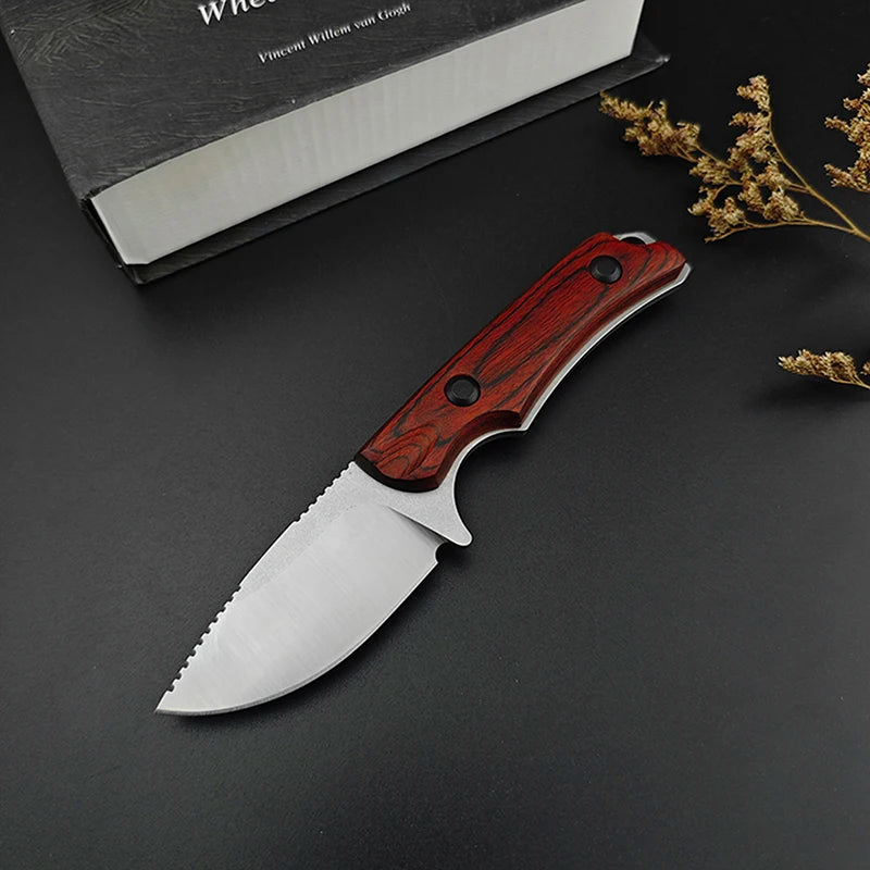BM 15017 Small Straight Blade Full Handle 2.56 Inch Wooden Handle EDC Hunting Knife Wilderness Survival Tool Leather Scabbard