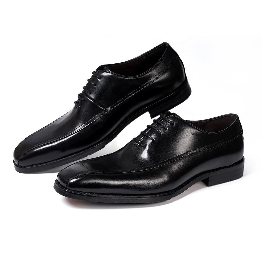 2026 High-End Handmade Men's Genuine Leather Lace-up Flat Dress Oxford Shoes Square Toe Casual Business Daily Use Wedding Spring