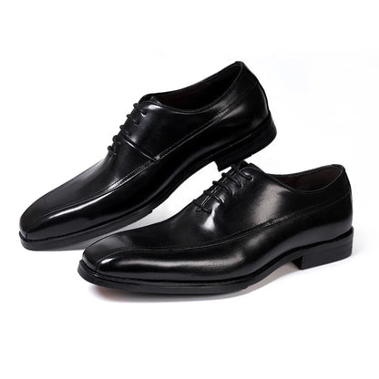 2026 High-End Handmade Men's Genuine Leather Lace-up Flat Dress Oxford Shoes Square Toe Casual Business Daily Use Wedding Spring