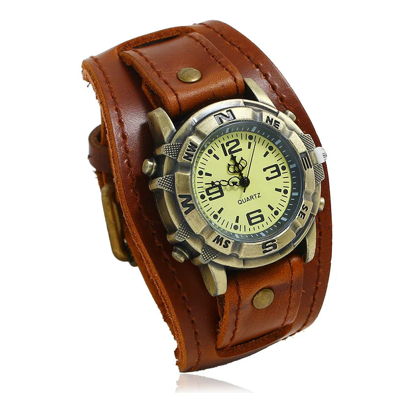 Punk Style Men's and Women's Retro Fashion 45mm Round Alloy Case Glass Dial Pointer Quartz Watch Luxury Leather Bracelet