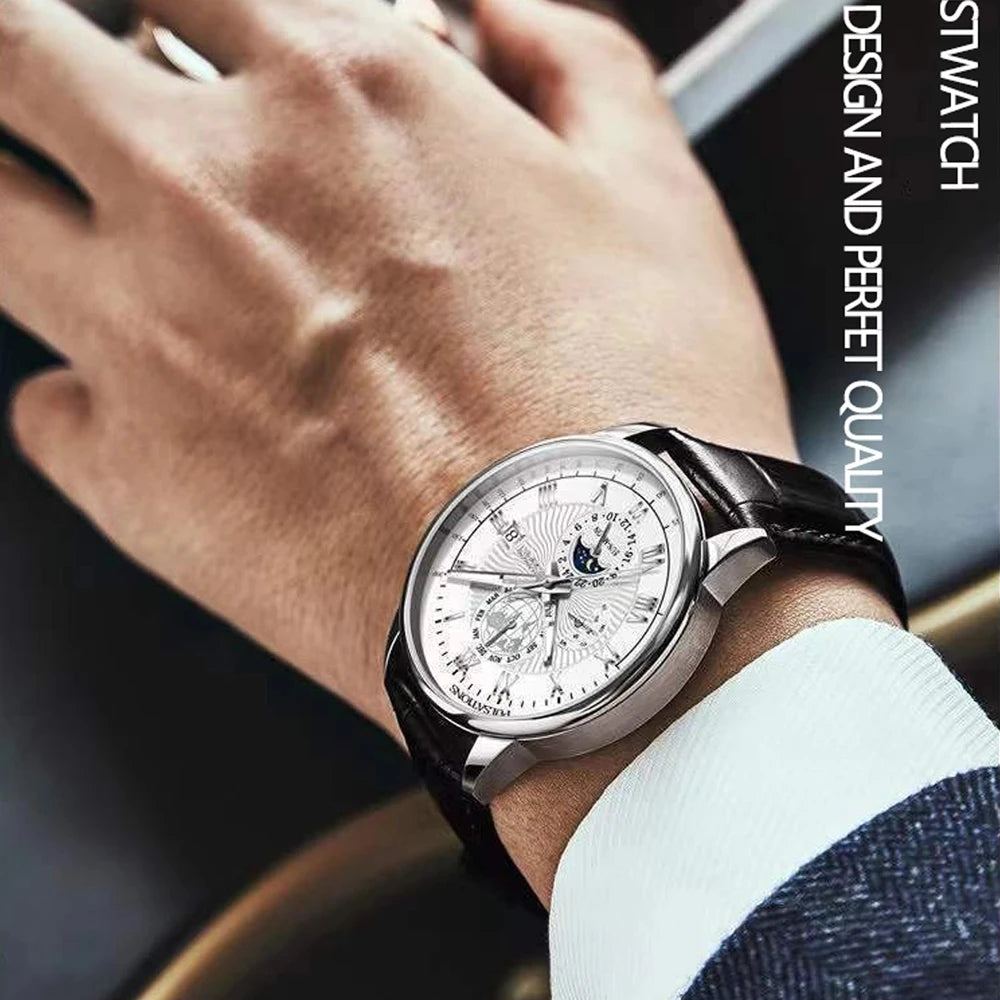 POEDAGAR Top Men's Watches Waterproof Genuine Leather Calendar Luminous Wristwatches for Sport Business Fashion Reloj Relogio