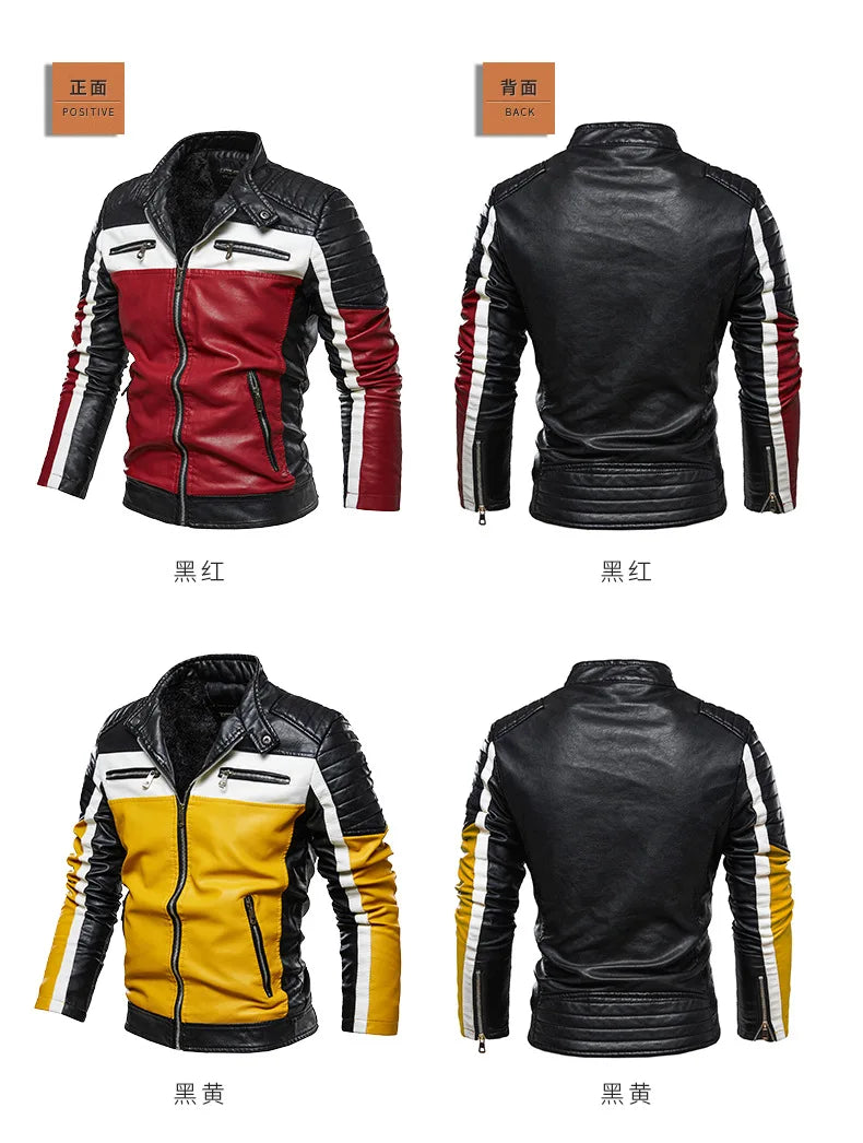 L-3XL Plush Leather Jacket Men's Coat Youth Motorcycle Suit Color Blocking New Style Leather Coat
