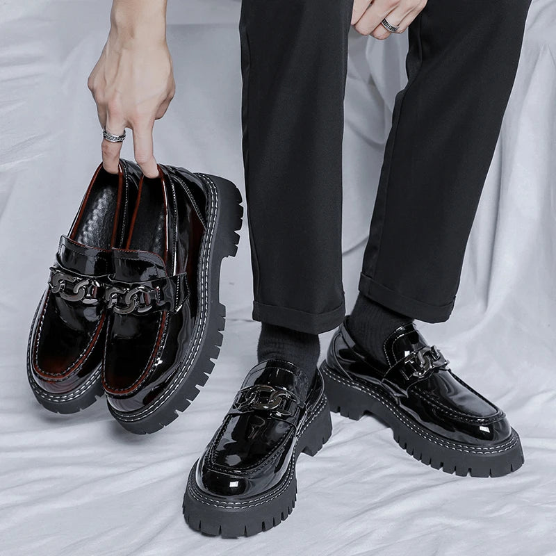 Thick Sole Patent Leather Dress Shoes Comfortable Casual Slip on Height Increasing Loafer Shoes for Men