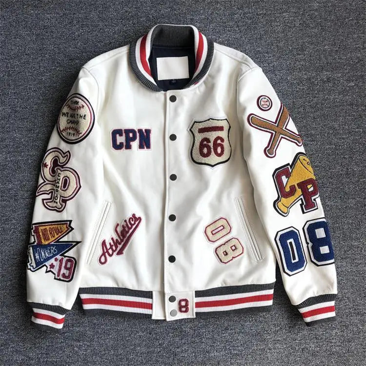 New Arrival Men's Leather Baseball Jacket Autumn & Winter Long Sleeve PU Leather Coat Embroidered Top Jacquard Trendy Sports