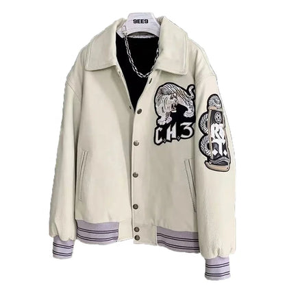 High Quality Embroidered Black White Thick Sheep Skin Capless Coats Tiger Pattern Casual Sport Aviator Men Real Leather Jackets