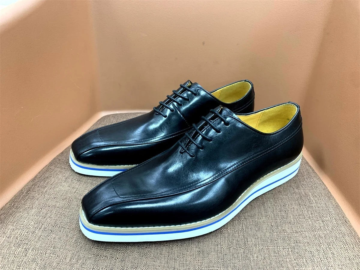 2026 High-End Handmade Men's Genuine Leather Lace-up Flat Dress Oxford Shoes Square Toe Casual Business Daily Use Wedding Spring