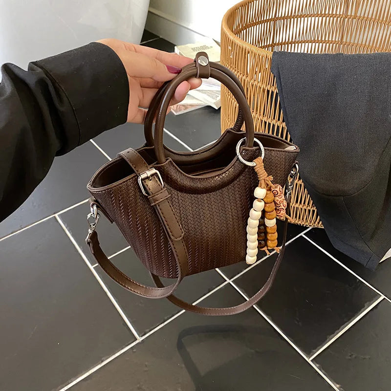 HotSale Small Satchel Bag Bead Charm Accent Vintage Hardware Detachable Strap PU Leather Date Night Elegant Handbag