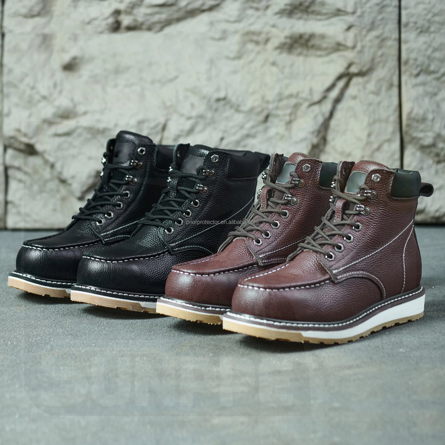 Red-Brown Top Layer Litchi Patterned Leather EN20345 S3 Half Knee Cowboy Good Welt Year Shoes Safety Boots