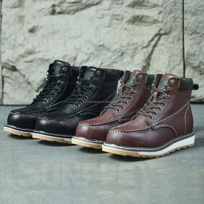 Red-Brown Top Layer Litchi Patterned Leather EN20345 S3 Half Knee Cowboy Good Welt Year Shoes Safety Boots