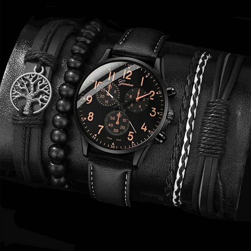 Wholesale Cheap Alloy Fashion Classic Leather GENEVA Calendar Quartz Bracelet and Watches Set for Men