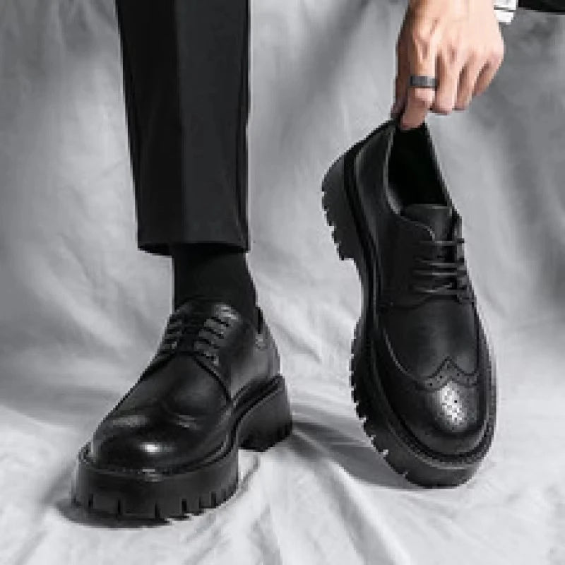 Men's Business Casual Genuine Leather Loafers Thick Soles Height Increasing Outdoor Platform Lace-Up Design Office Dress Winter