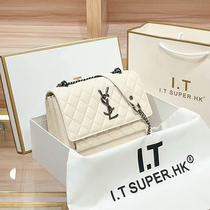 High-End Genuine Leather Women's Crossbody Bag 2025 New Style Quilted Chain Zip Fashionable All-Match Small Square Polyester