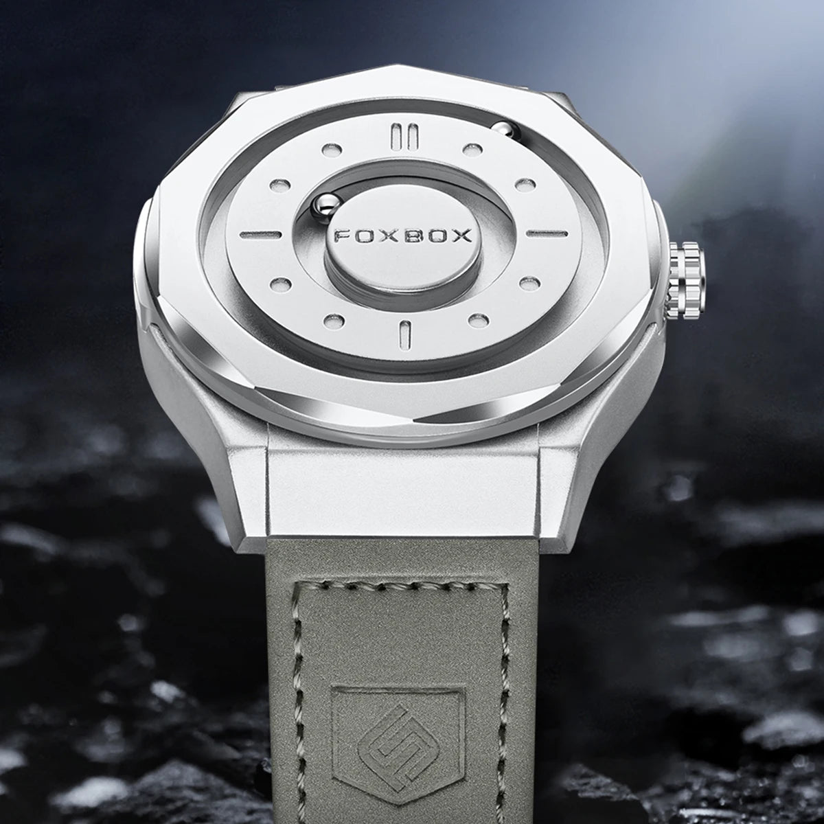 For FB0091 43mm Dial Gray Leather Men's Cartoon Simple Magnetic Levitation Watch with 3D Floating Ball Waterproof Gift Box