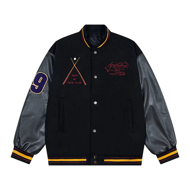 Trendy Brand Flag Letter Embroidered Baseball Jacket Autumn and Winter Retro Loose PU Leather Sleeves Men's Jacket