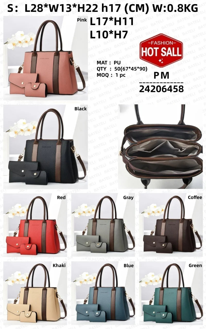 2025 New Luxury Designer Women's 3-Piece PU Leather Handbags Wallet Set Shoulder Bags Nylon Zipper Closure Wholesale Products